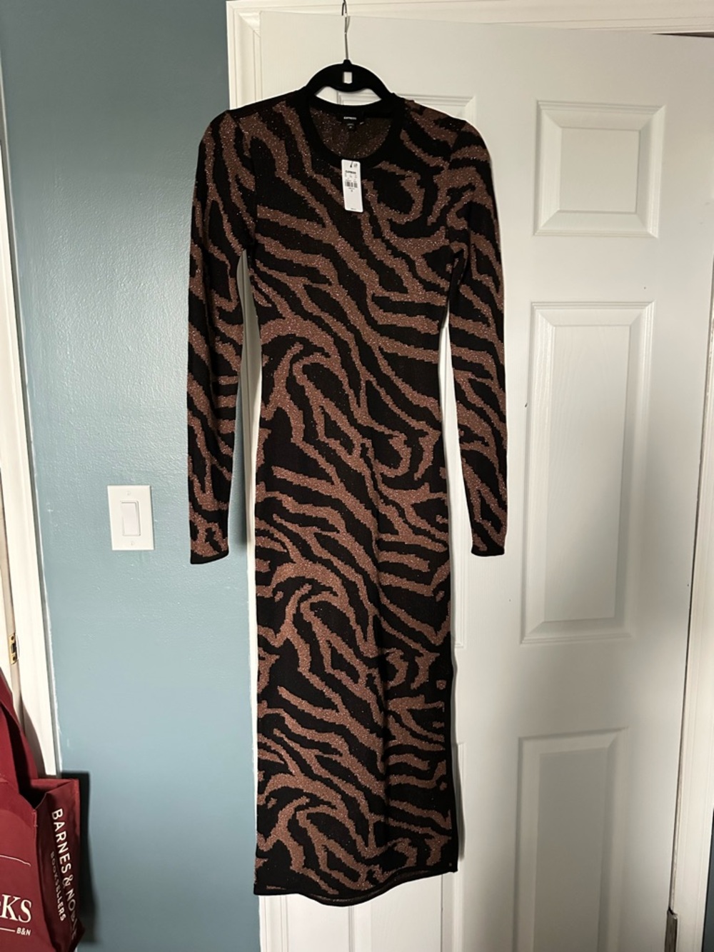 Express Long Sleeve Zebra-Print Knit Dress in Brown and Black